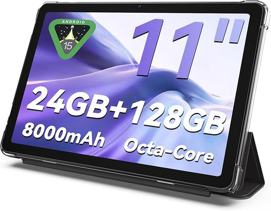 Tablet 11 inch Android 15 Tablets, 24GB RAM + 128 Storage(Expandable up to 2TB), Android Tablet with Case, Octa-Core, IPS HD Display, 13 MP Dual Camera, 8000mAh, 5GWiFi, GPS, Bluetooth 5.0 (Black)