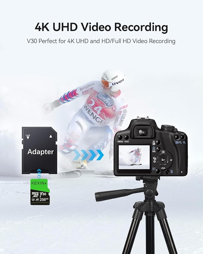 KEXIN 256GB Micro SD Card with SD Adapter microSDXC Memory Card UHS-I A1 V30 U3 Micro SD Card Full HD High Speed TF Card for Smartphone Tablet Action Camera Dash Cam Drone Game Console