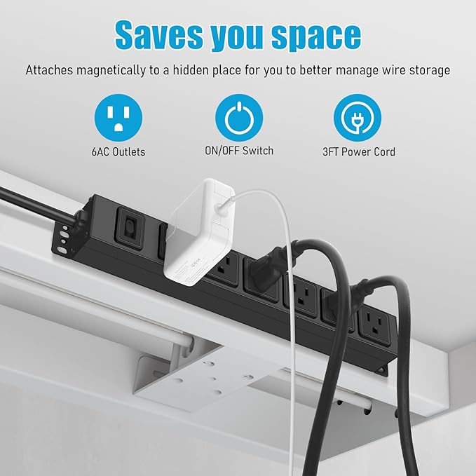 Magnetic Wall Mount Power Strip, Under Desk 6 Outlet Mountable Socket, Metal Long Heavy Duty Surge Protector for Garage, Gaming Table Or Workspace, 3FT Extension Cord.