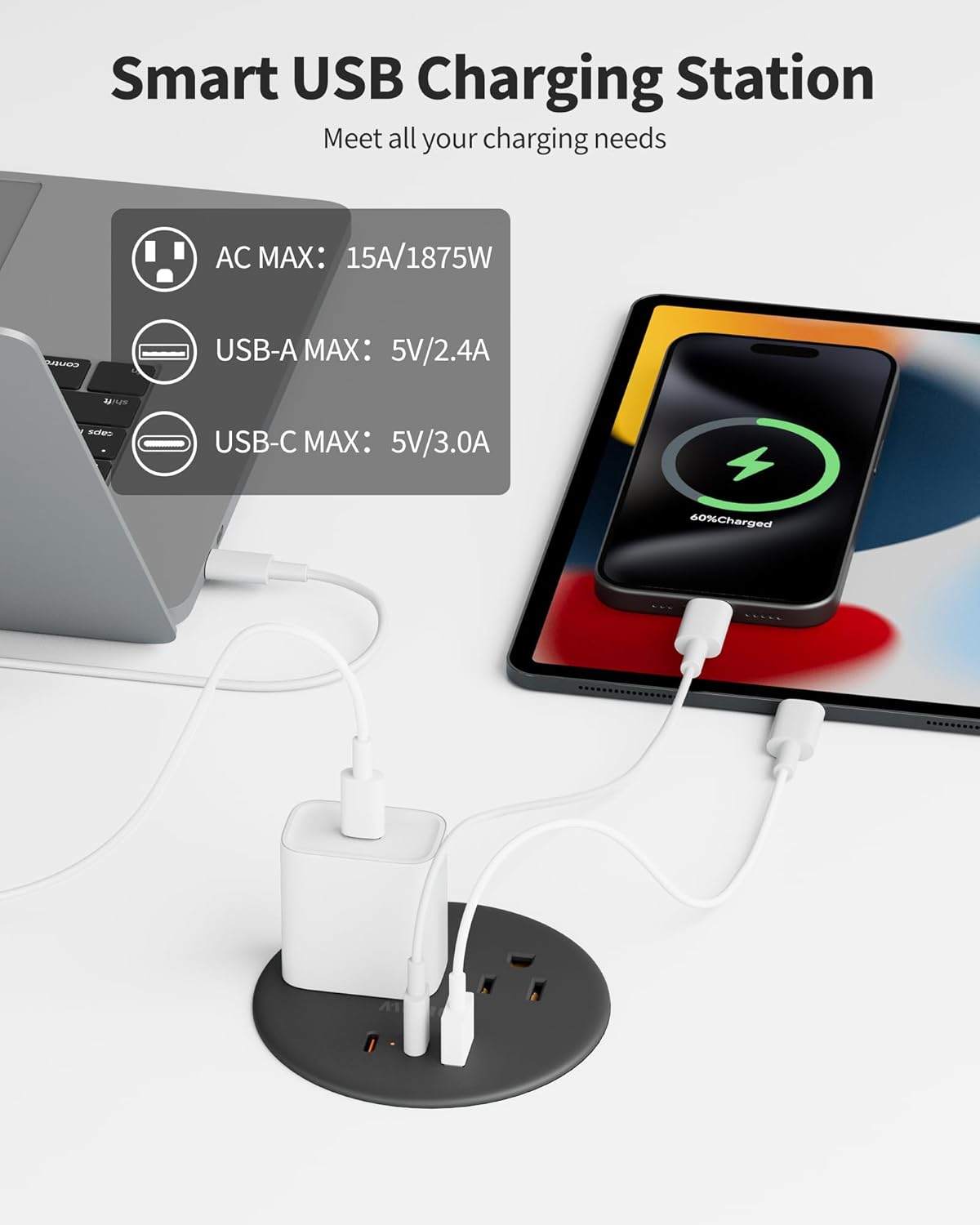 Recessed Desk Power Grommet with 4 AC Outlets 3 USB Ports (2USB C), Dual-Sided Flush Mount Outlet Charging Station for Desktop, Conference Room, Furniture Table, 6.5 FT Cord, Black