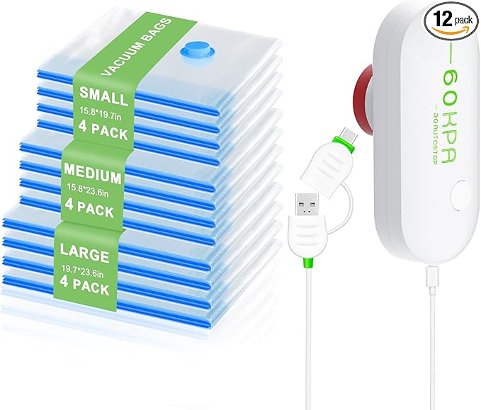 Mapambo Travel Game Changer- 12-Pack Travel Vacuum Bags with Smart-Stop Technology Pump, ≤60dB Silent Travel Essential, Travel Vacuum Bags for Luggage, Cruise Essentials