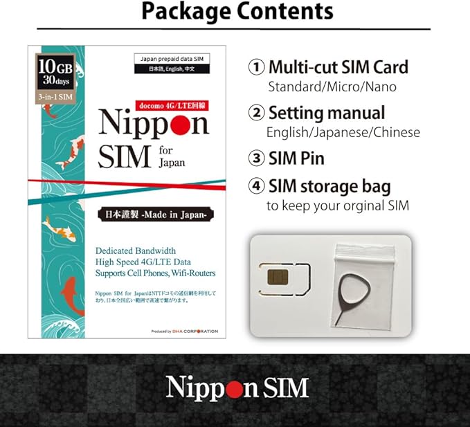 Japan SIM Card 30 Days Data Only | 10GB High-Speed 4G LTE + Unlimited Data at Reduced Speed | No Roaming Needed for Faster, Safer Access | Hotspot tethering Supported | Docomo Network | Made in Japan