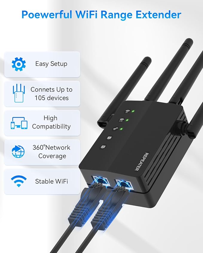 WiFi Extender Signal Booster, 1200Mbps WiFi Booster, Long Range up to 12880 Sq Ft, 105 Devices, 2.4/5GHz Internet Extender WiFi Booster with Ethernet Port(Black)