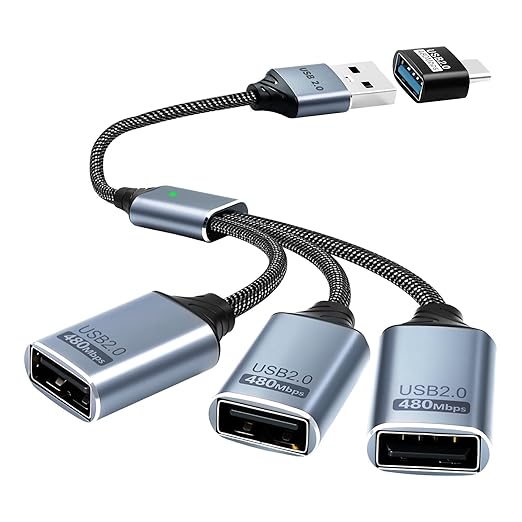 Duttek USB Splitter 1 to 3 with USB A to C Adapter, USB 2.0 Extension Cable 3 Port Hub for PC, MacBook, Laptop, Flash Drive, Keyboard 0.8FT/25cm-Grey