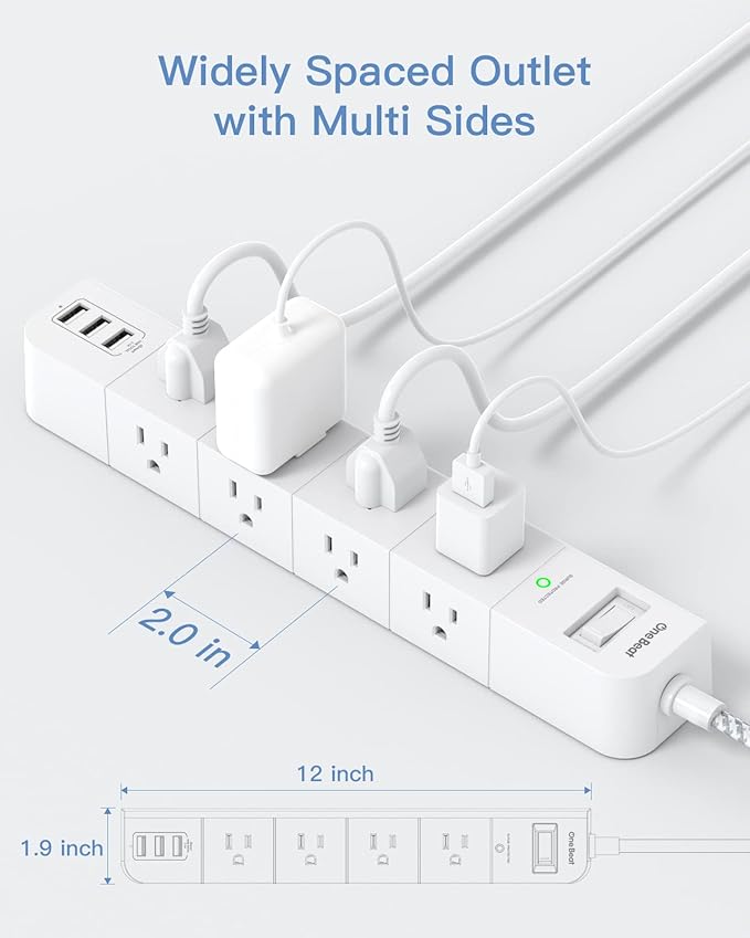 One Beat 5 ft Extension Cord,Power Strip Surge Protector 8 Widely AC Outlets 3 USB,Flat Plug, Desktop Charging Station with Overload Protection,Wall Mount for Home,Office,Travel,Computer ETL Listed