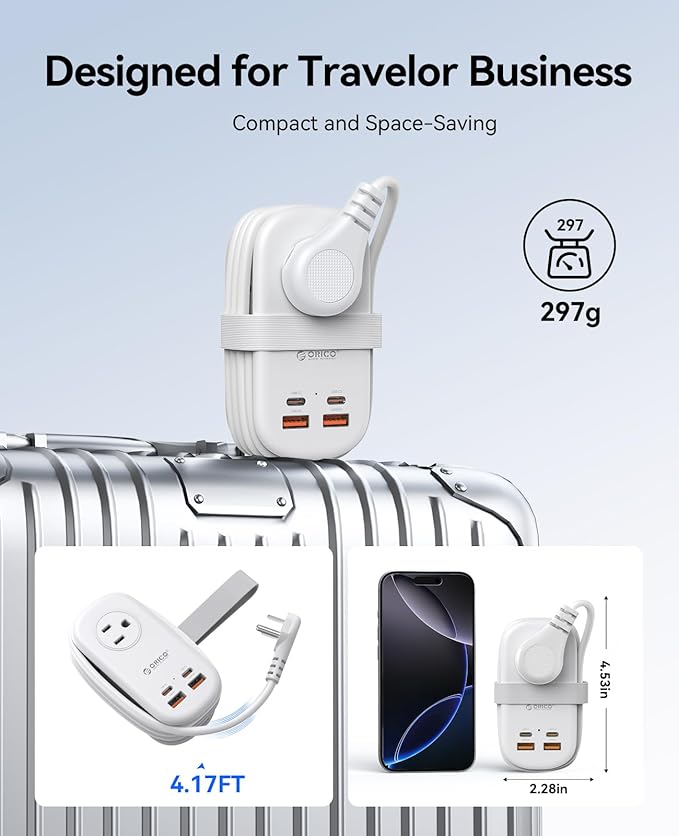 ORICO 65W GaN Travel Power Strip with 7-in-1 Charging Ports (3 AC Outlets/2 USB-A/2 USB-C), Flat Plug and 4FT Extension Cord, Fast Charger for MacBook Pro/Air, iPad Pro, iPhone 15/14/13- AP3
