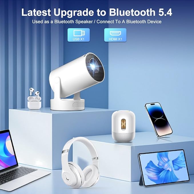 Mini Projector with Wifi and Bluetooth 5.4, Short Throw Projector 4K, Smart Projector w Built-in Apps, Auto Keystone Correction, Projector for Bedroom,Outdoor Movies [ HY300 Ultra 2025 ]