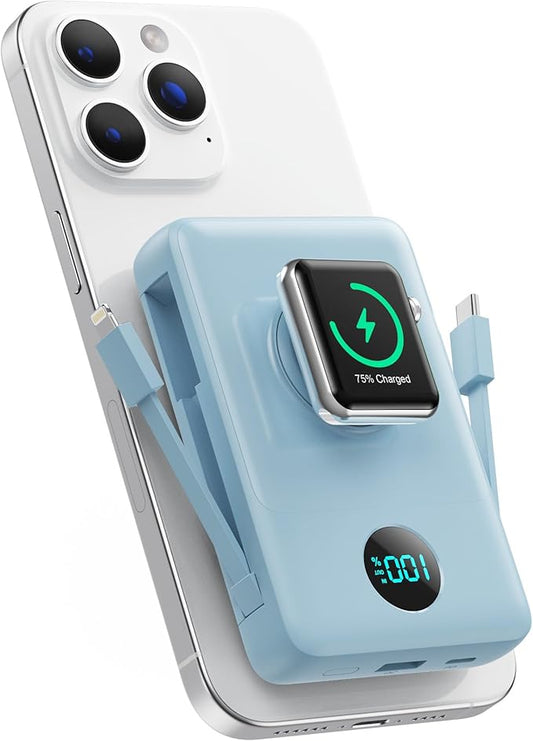 Magnetic Portable Charger 10800mAh for iPhone with Built-in Cables, 6-in-1 Wireless Power Bank with iWatch Charger, 25W PD Fast Charging USB C Battery Pack for iPhone 16/15/14/13,Apple Watch(Sky Blue)