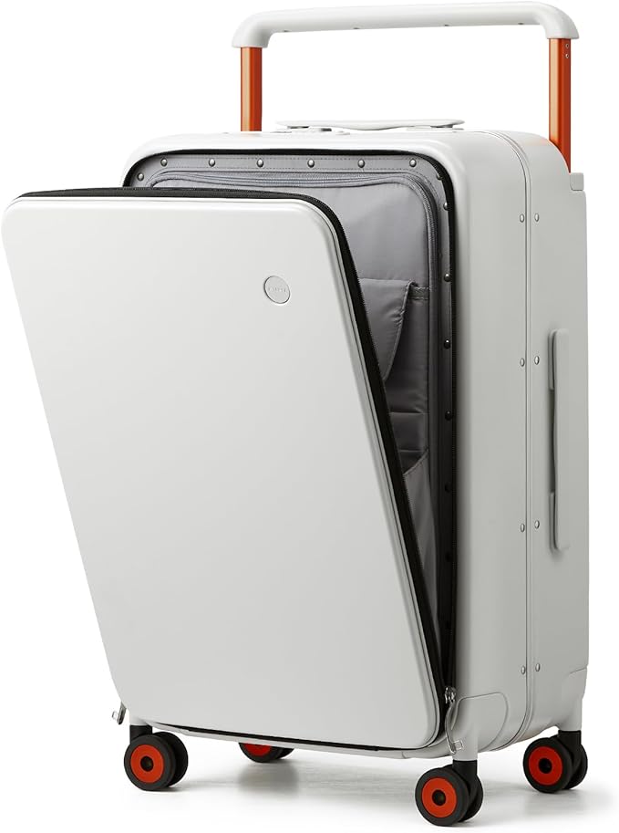 mixi Checked Luggage Wide Handle Luxury Design Rolling Travel Suitcase PC Hardside with Aluminum Frame Hollow Spinner Wheels, with Cover, 24 inch, Smoke White