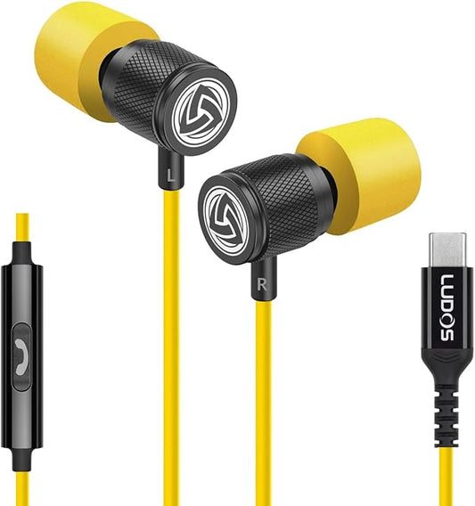 LUDOS Ultra USB C Headphones for iPhone 16 15 Pro Max Plus iPad Pro, 5 Years Warranty, Magnetic USB-C Earbuds for Samsung Galaxy S24 S23 Ultra S22 S21 FE S20 A55 A54 A53, USB Type C Earphone - Yellow