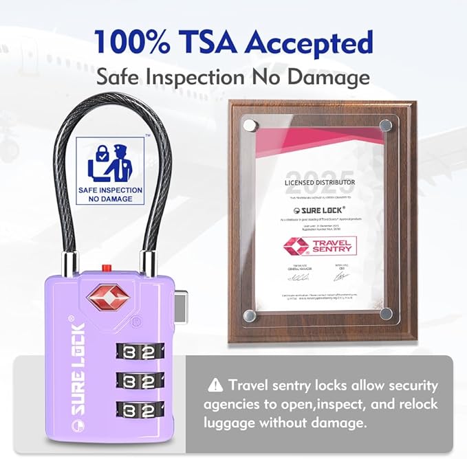SURE LOCK TSA Compatible Travel Luggage Locks, Inspection Indicator, Easy Read Dials TSA Approved with Zinc Alloy (2, Purple 2 Pack)