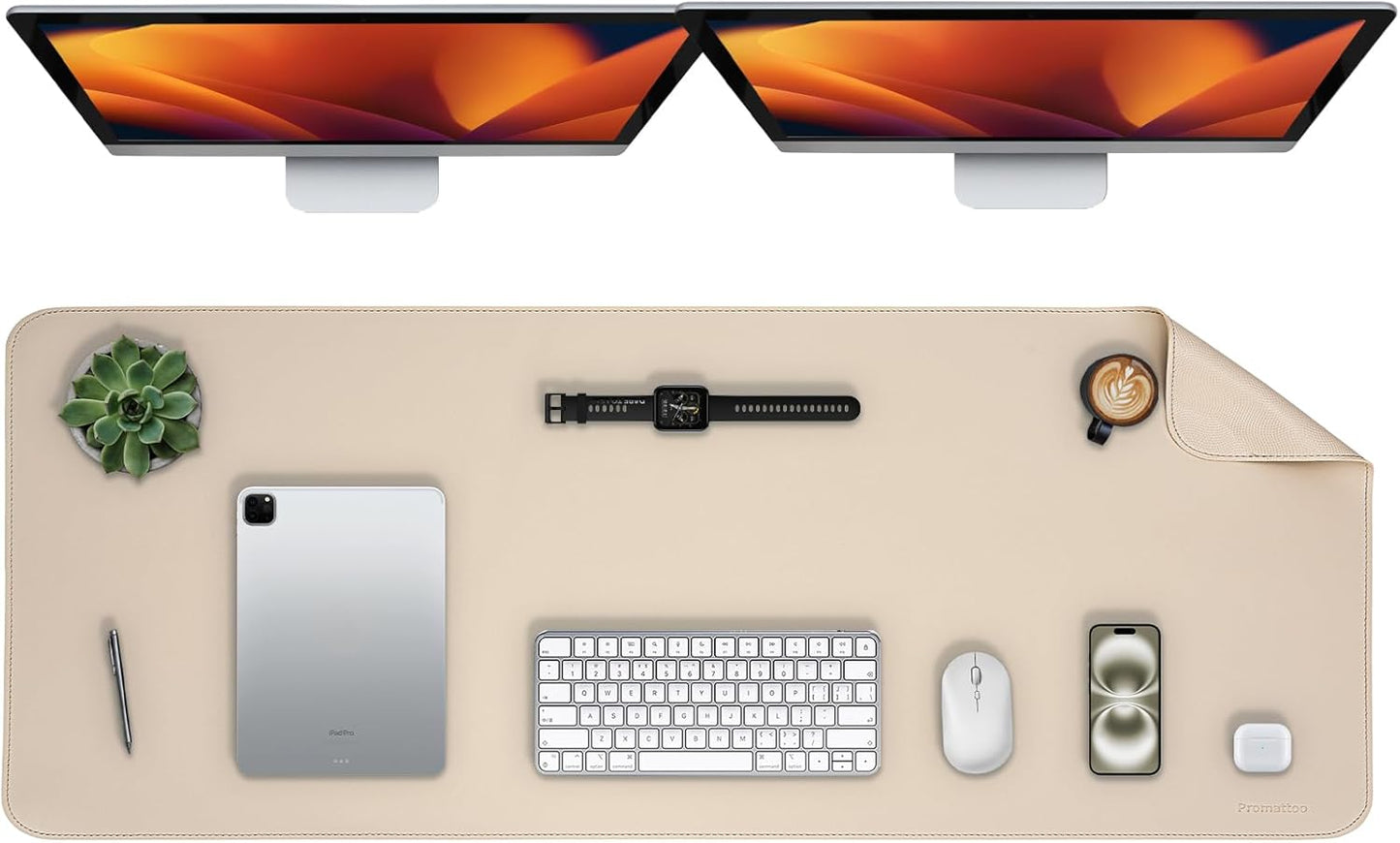 Oversized Non-Slip Desk Pad Protector – Grips Desk Firmly, Anti-Slip Like You've Never Seen! Vegan Leather Waterproof Laptop Mat for Keyboard & Mouse – Large Office Pad– Warm Beige