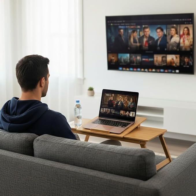 WoodNest -Bamboo Lap Desk, Laptop Desk, Portable Workstation, Adjustable Height Angle, Foldable Tray for Couch Bed Floor, Drawer with Magnetic Closure, Mouse Pad, Phone Slot, Leather Handle.