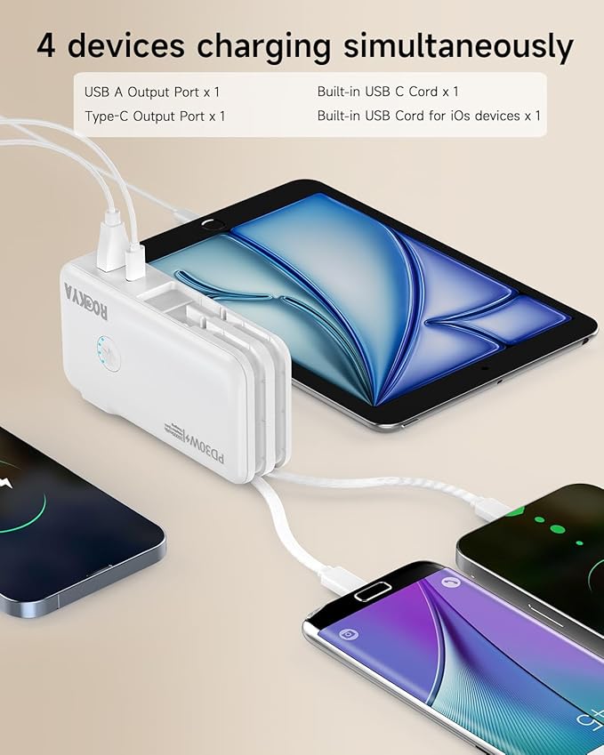 Portable Charger with AC Wall Plug and Built in Cables,PD 30W Fast Charging USB C Power Bank 16000mAh with 4 outputs,Travel Battery Pack Compatible with iPhone 16 15,MacBook,Pad,Samsung (White)