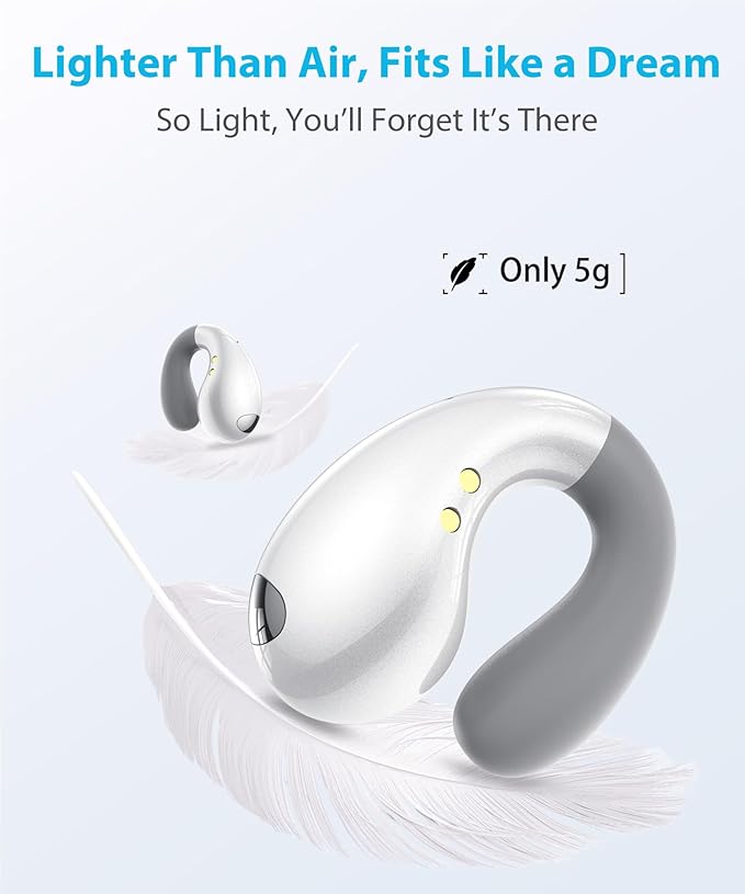 Ultra Open Ear Earbuds - Ergonomic Clip-On Earbuds, Small Bone Conduction Over-The-Ear Headphones with Waterproof Design, Perfect Running Headphones for Sports and Fitness, Elegant White