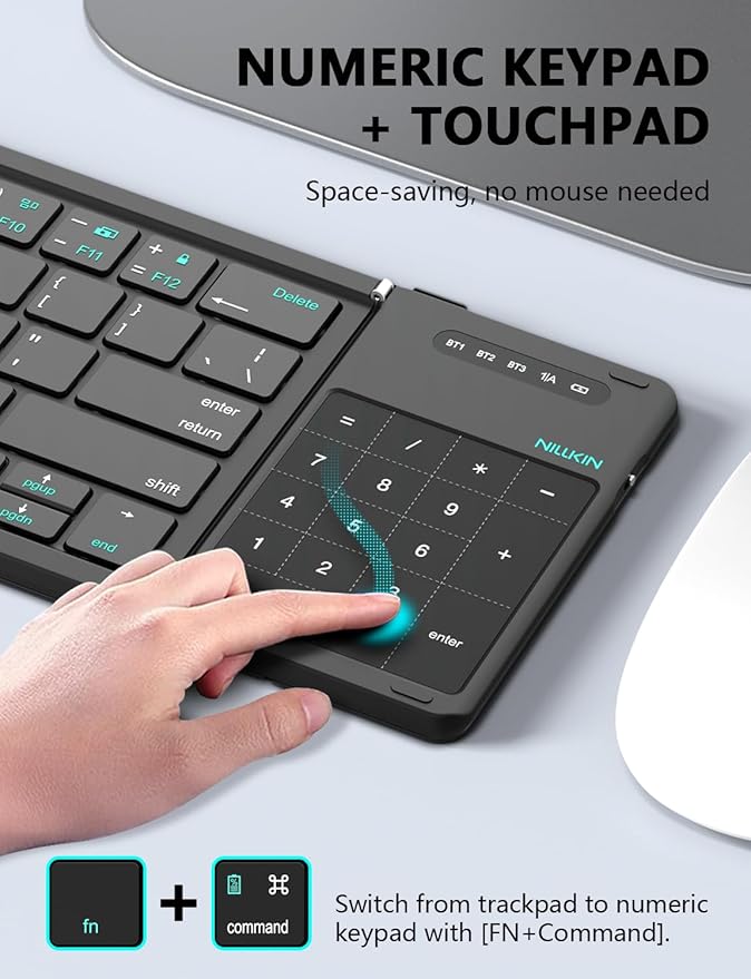 Nillkin Foldable Keyboard with Touchpad, Bluetooth Keyboard with Number Pad, Full Size Keys, Large Trackpad Small Travel Portable Keyboards for iPad Laptop PC Tablets -Khaki