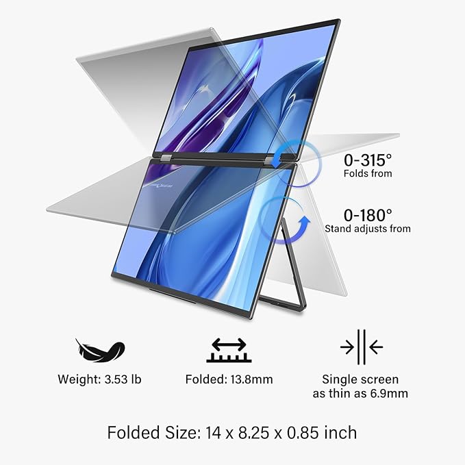 InnoView 15.6" 4K Dual Portable Monitor 3840x2160P 100% sRGB | Owl Eye Vision - Foldable Design with 315° Screen Adjustment, 180° Stand | DP/USB-C/HDMI, Dual Screen Extender for Laptop, Mac, Windows