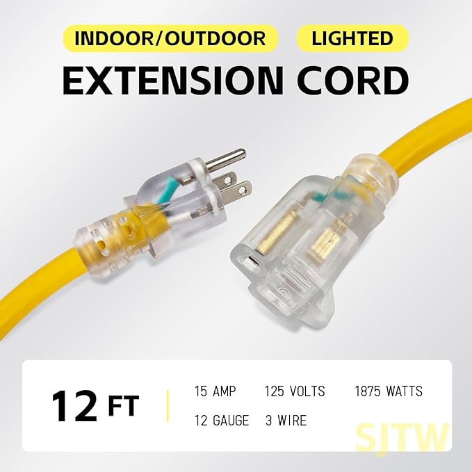 EP 12 Ft Lighted Extension Cord - 12/3 SJTW Heavy Duty Yellow Extension Cable with 3 Prong Grounded Plug - Power Cord for Lawn, Garden, Appliances