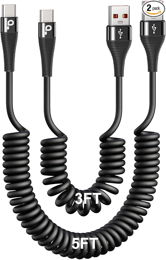 PRAKIE Coiled USB C Cable Fast Charging for Car 3FT/5FT, USB A to USB C Cable, Type C Charge Cord USB-C Charging Cable Compatible with iPhone 17/16/15/Samsung Galaxy S20 and More USB C Devices-Black