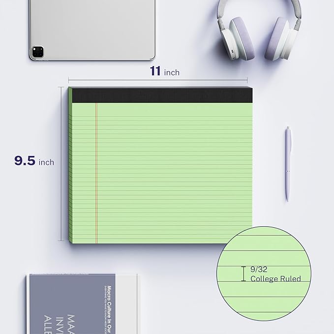 3 Pack Wide Legal Pads 11" x 9.5" (Landscape Format) Green College Ruled Note Pad Narrow Ruled 30 Sheets per Notepad Perforated Writing Paper with Thick Backboard Horizontal Pads of Paper