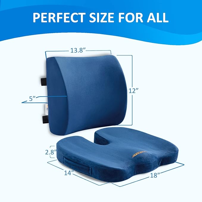 SAIREIDER Chair Cushion and Lumbar Support Pillow for Office Chair, Car Seat Cushions Back Support Pillows, Memory Foam Chair Support for Back&Lumbar, Relieve Tailbone Pain and Sciatica (Blue)