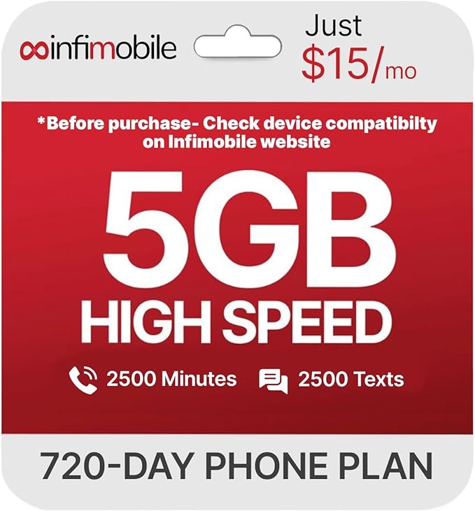 $15/Month | Infimobile Prepaid Plan: 24 Months | 5GB High-Speed Data Per Month | 2500 Minutes and 2500 Text| Prepaid Plan Service SIM Card | Nationwide Coverage | 4G, 5G T-Network