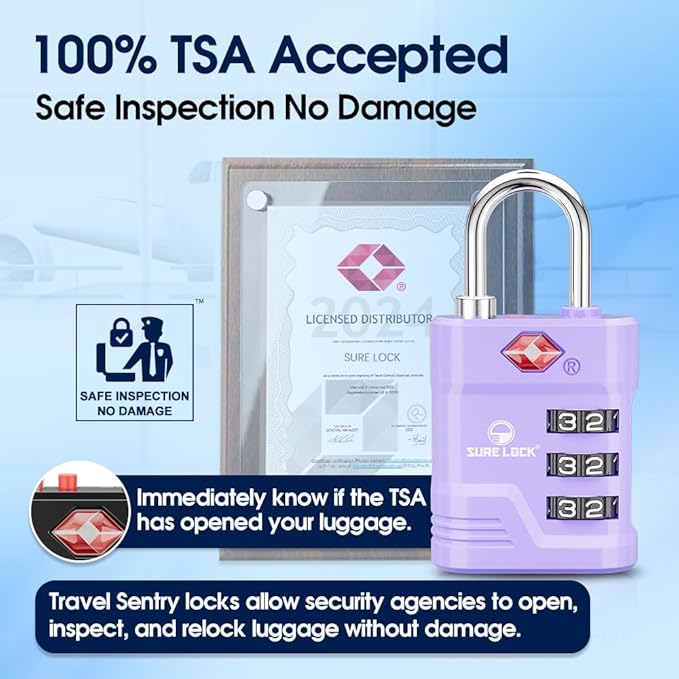 SURE LOCK TSA Locks for Luggage, TSA Approved Luggage Locks with Open Alert, 008 Key for High Security, Easy Read Dials, Zinc Alloy Body, Locker Lock for Suitcase, Gym, Travel. (Purple 2 pk)