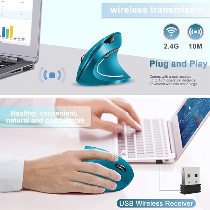Vassink Ergonomic Wireless Mouse, Rechargeable Mouse 2.4Hz Vertical Wireless Optical Mice with USB Receiver, 6 Buttons for PC,Laptop,etc Blue