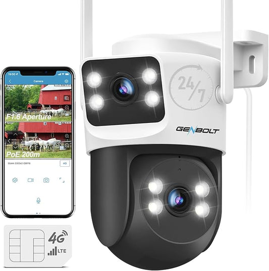 GENBOLT 4G LTE Cellular Security Camera Outdoor No WiFi, Dual Lens PoE Surveillance Camera CCTV with Sim Card, 24/7 Recording Plug in Wired IP Cam with Auto Tracking Human Detection