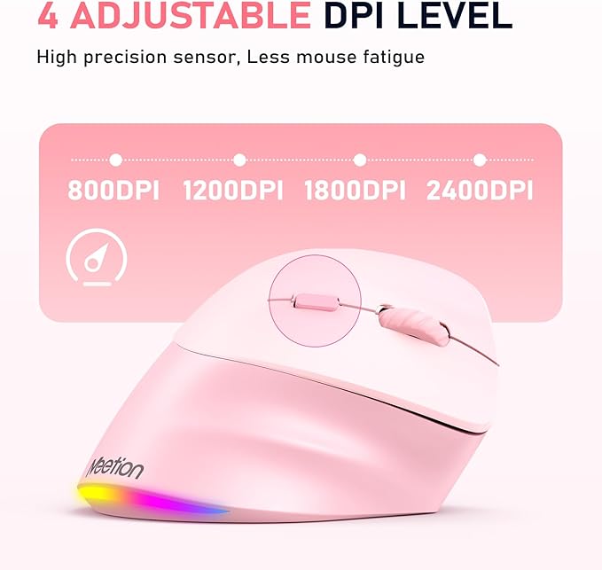 MEETION Ergonomic Mouse, Wireless Vertical Mouse RGB Backlit Rechargeable Mice for Bluetooth(5.2 + 3.0) USB-A with Type-c Adapter 4 Adjustable DPI Compatible Mac/Windows/Andriod/PC/Tablet/iPad Pink