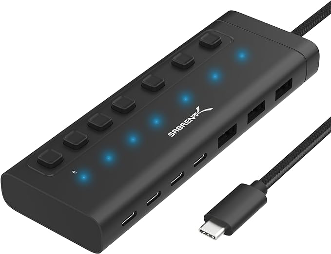 SABRENT 7-Port USB-C Hub with Power Switches, 5Gbps USB 3.2, 48W Powered Hub with 3 USB-A + 4 USB-C Ports, 20W PD, LED Status, Aluminum Body – for Mac, PC, Steam Deck, ROG Ally (HB-3A4C)