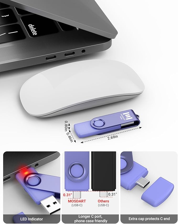 MOSDART 16GB FAT32 USB C Flash Drive - USB 2.0 Type-C OTG 2-in-1 Dual Thumb Drive Memory Stick, A and C interfaces for Android Phones, iPhone 15, MacBook, iPad, Windows Laptop, Purple (Pack of 10)