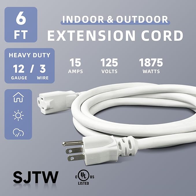 EP 6 Ft Outdoor Extension Cord, 12/3 SJTW Heavy Duty Extension Cable with 3 Prong Grounded Plug, 15 AMP Power Cord for Lawn, Garden, Appliances, White