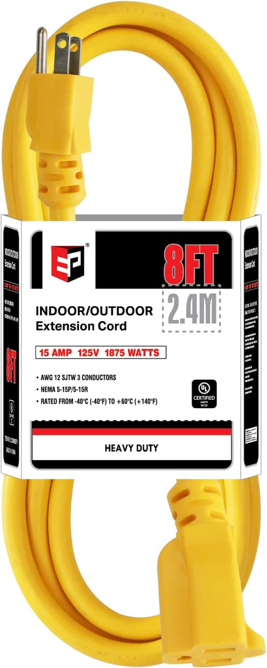 EP 8 Ft Outdoor Extension Cord, 12/3 SJTW Heavy Duty Extension Cable with 3 Prong Grounded Plug, 15 AMP Power Cord for Lawn, Garden, Appliances, Yellow