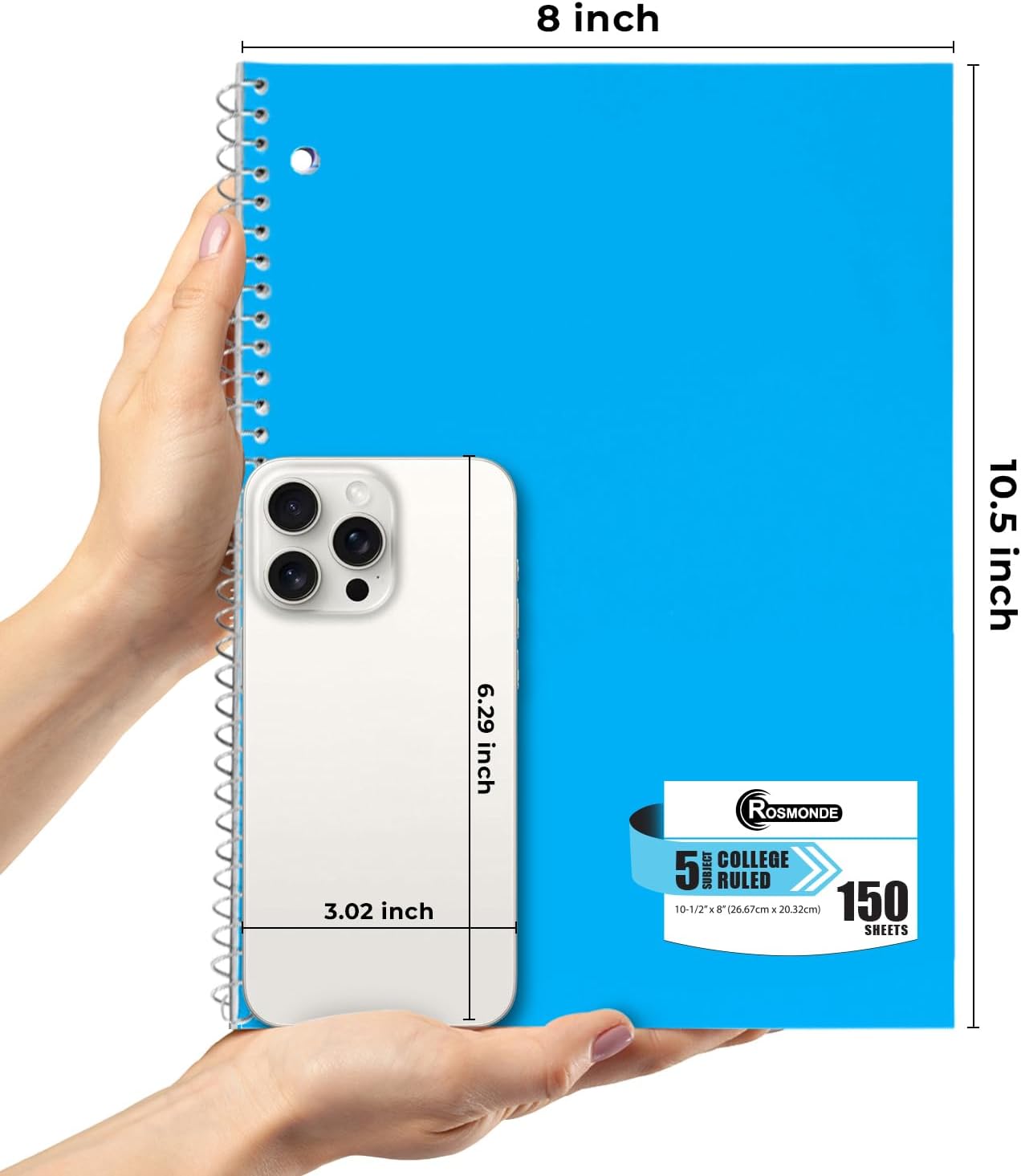 5 Subject Notebook College Ruled, 6 Value Pack, 300 Pages (150 Sheets), 8 x 10-1/2", 5 Subject College Ruled Spiral Notebooks for School & Office, Thick Paper Fights Ink Bleed, 3 Hole Punched