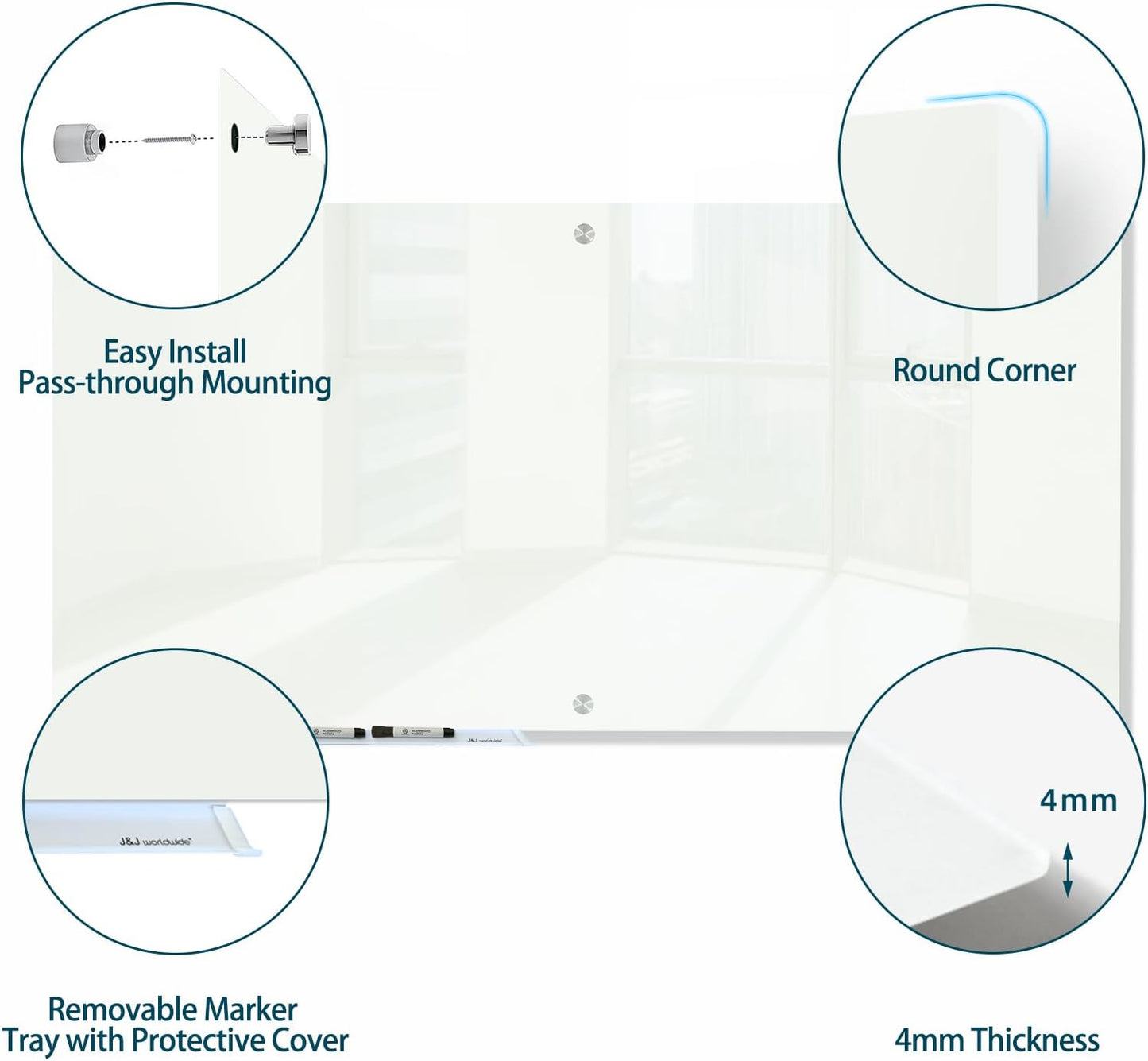 J&J worldwide Glass Dry Erase Board 6' x 4', Glass Whiteboard Magnetic, Large Frameless Glass White Boards for Walls, Includes Magnets, Marker Tray, Eraser for Office, Home, School