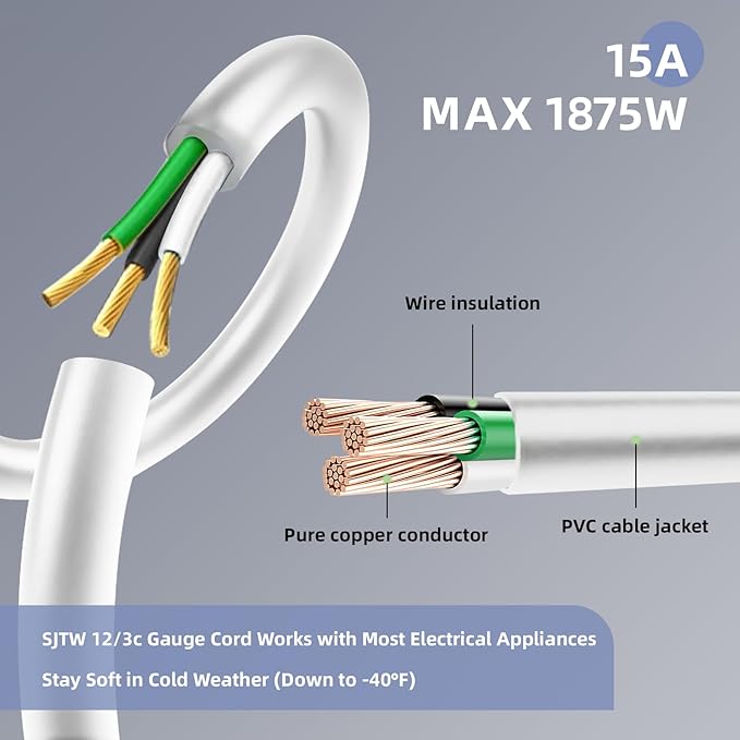EP 40 Ft Outdoor Extension Cord, 12/3 SJTW Heavy Duty Extension Cable with 3 Prong Grounded Plug, 15 AMP Power Cord for Lawn, Garden, Appliances, White