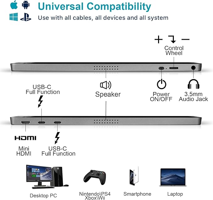 KYY Portable Monitor 15.6inch 1080P FHD USB-C, HDMI Computer Display HDR IPS Gaming Monitor w/Premium Smart Cover & Screen Protector, Speakers, for Laptop PC MAC Phone PS4 Xbox Switch