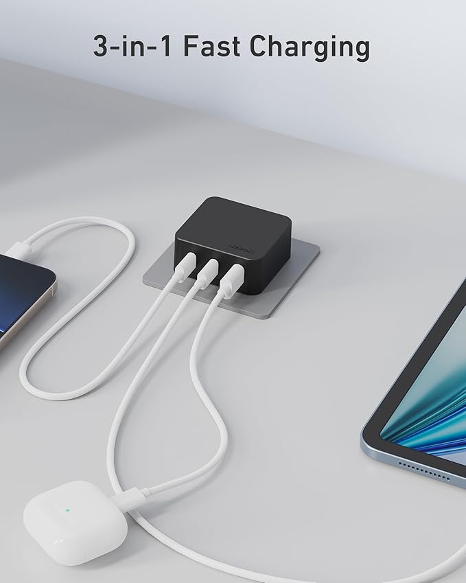 Nekmit 67W Flat USB C Charger Block, 3-Port GaN Fast Wall Charger, USB C Wall Plug for MacBook Pro/Air, iPad, iPhone, Galaxy and More