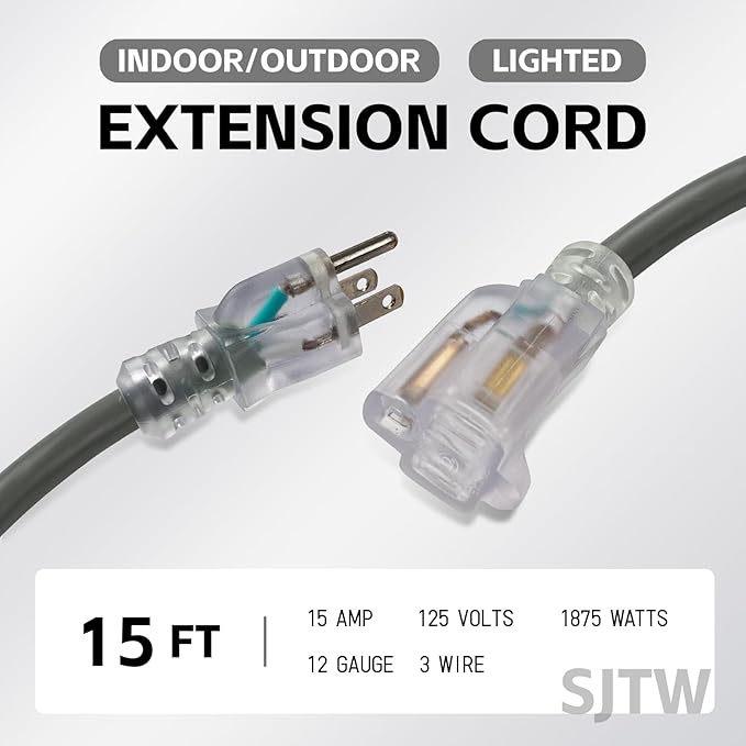 EP 15 Ft Lighted Outdoor Extension Cord - 12/3 SJTW Heavy Duty Grey Extension Cable with 3 Prong Grounded Plug - Power Cord for Lawn, Garden, Appliances