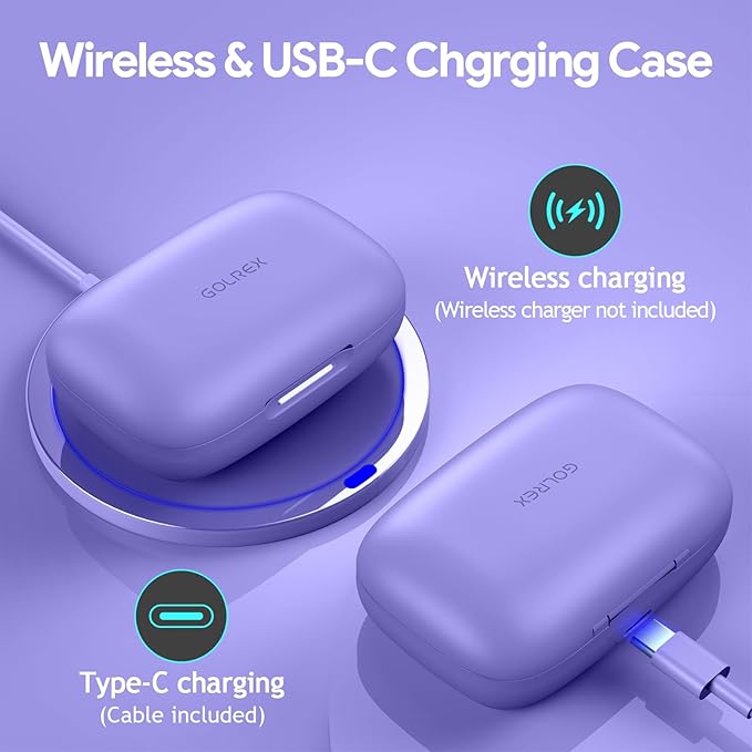 GOLREX Noise Cancelling Ear Buds Wireless Earbuds Bluetooth Headphones with 80H Playtime, Dual LED Display, Wireless Charging Case, Over-Ear Hooks Earphones for Sports Running Gym Workout Purple