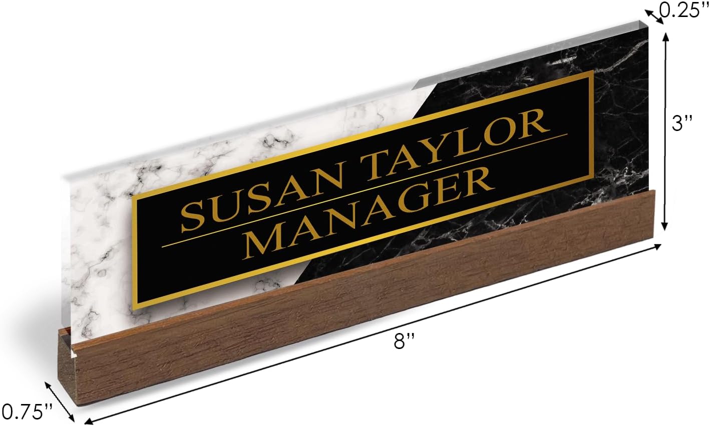 Artblox Personalized Office Desk Name Plate and Business Card Holder | Clear Acrylic Glass with Teak Wood Stand | Black White Marble Design Customized with Your Name and Credentials Office Desk Decor