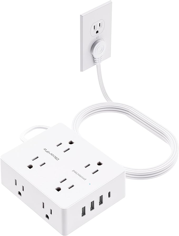 Surge Protector Power Strip, Olcorife 20ft Long Extension Cord with 8 Outlets 4 USB Ports(1 USB C), Flat Wall Plug Outlet Extender, College Dorm Room Essentials, White