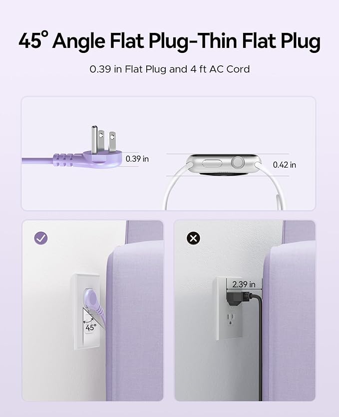 ORICO 4FT Purple Travel Power Strip with 4 AC Outlets, 2 USB-A Ports, and 1 USB-C Port, 45° Flat Plug Extension Cord with Non Surge Protector for Travel/Home/Dorm/Office-AP3