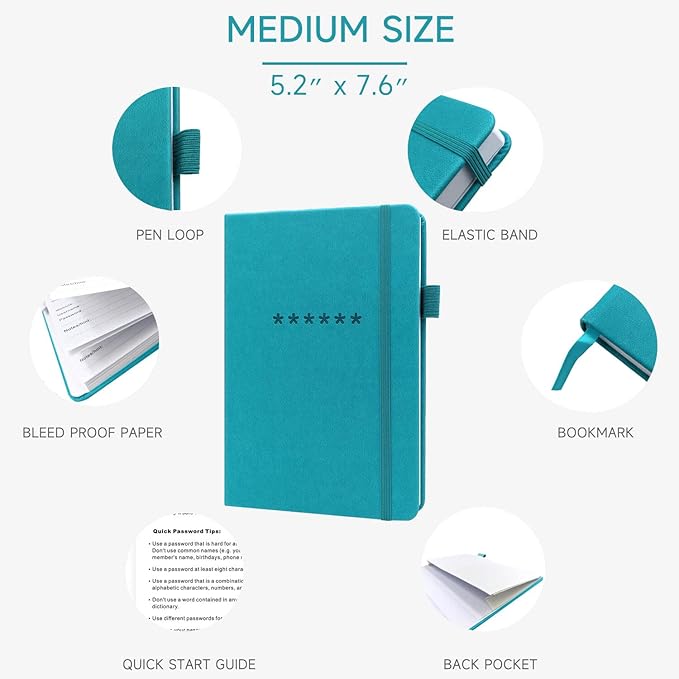 Password Book with Alphabetical Tabs – Hardcover Internet Address & Password Organizer – Password Keeper Notebook for Computer & Website – 5.2 x 7.6" Log-in Password Journal w/Thick Paper (Turquoise)