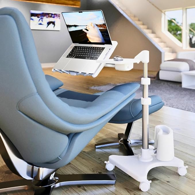 LEVO G2 Deluxe Adjustable Laptop Stand – Rolling Computer Desk & Ergonomic Table for Bed, Sofa, or Office – Portable Mobile Workstation with Tilt – Fits Devices up to 16″ - Silver & White