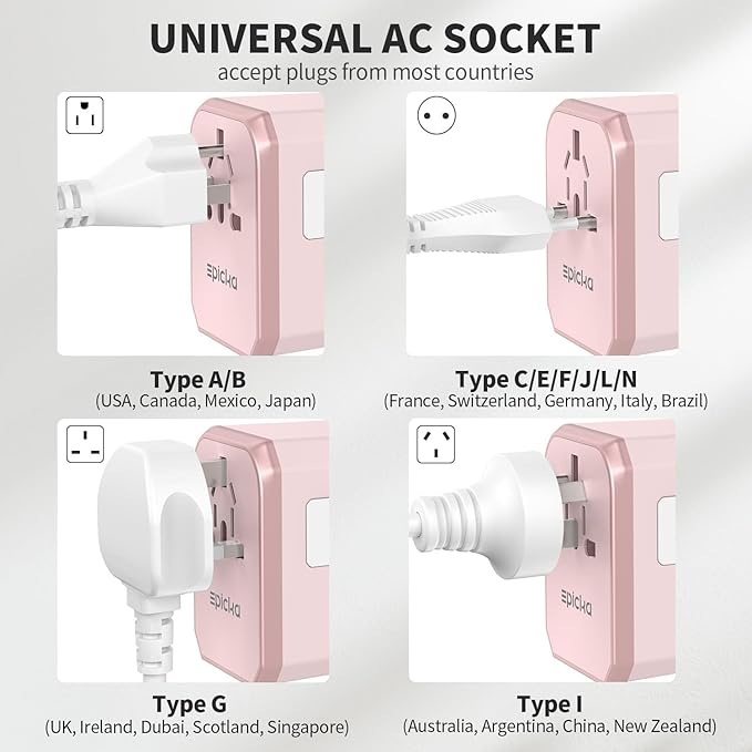 EPICKA Universal Travel Adapter, International Power Plug Adapter with 3 USB-C and 2 USB-A Ports, All-in-One Worldwide Wall Charger for USA EU UK AUS (TA-105C, Pink)