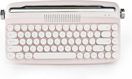 YUNZII Upgraded Wireless Typewriter Keyboard, Retro Aesthetic with Integrated Stand,Cute Round Keycaps, USB-C/Bluetooth Connection for Table, Phone, PC and Win/Mac/Android (B307, Baby Pink)