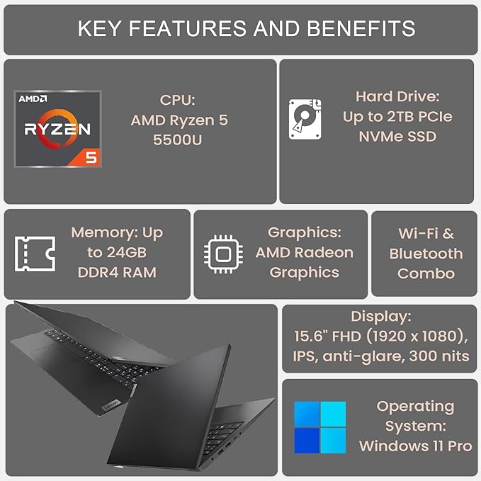 Lenovo V15 Gen 4 Business Laptop, 15.6" FHD Screen, AMD Ryzen 5 5500U, 12GB RAM, 1TB SSD, Webcam, RJ-45, Wi-Fi, Windows 11 Pro, Black, Additional 1 Yr ADP