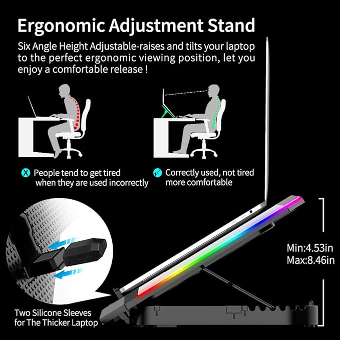 ICE COOREL Gaming Laptop Cooling Pad 15-17.3 Inch, Laptop Fan with 6 RGB Cooling Fans, Laptop Cooling Stand with 6 Height Adjustable, Laptop Cooler with LCD Screen, 2 USB Ports, Phone Stand